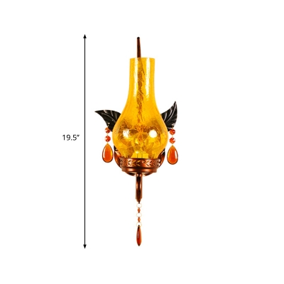 Vase Wall Light Fixture Vintage Stylish Yellow Cracked Glass 1 Bulb Foyer Wall Lamp with Orange Crystal Accent