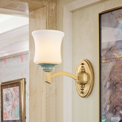 Vintage Style Bell Wall Sconce 1/2-Light White Glass and Ceramic Wall Lamp in Gold for Living Room