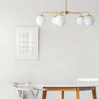 White Glass Spherical Ceiling Chandelier Modernism 5 Bulbs Hanging Pendant Light in Brass