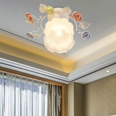 White1 Head Semi Flush Light Traditionalism Sandblasted Glass Rose Ceiling Fixture for Hallway