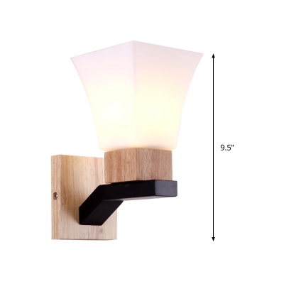 Wide Flare Wall Lighting Asian White Glass 1 Head Beige Sconce Light Fixture with Wood Backplate
