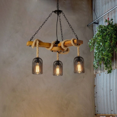 Wood 3/6/8 Lights Chandelier Lamp Industrial Style Metal Caged Ceiling Light Fixture with Rope