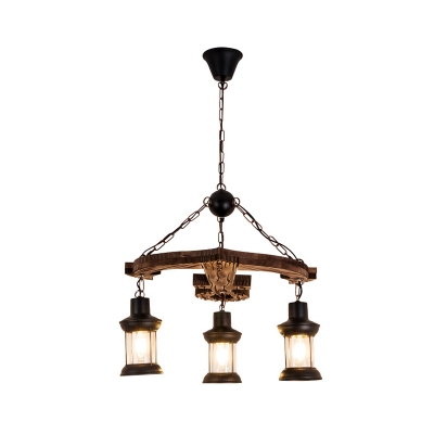 Wooden Anchor Design Chandelier Lamp Lodge Stylish 3 Bulbs Brown Hanging Ceiling Fixture with Lantern Shade