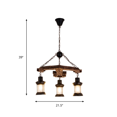 Wooden Anchor Design Chandelier Lamp Lodge Stylish 3 Bulbs Brown Hanging Ceiling Fixture with Lantern Shade
