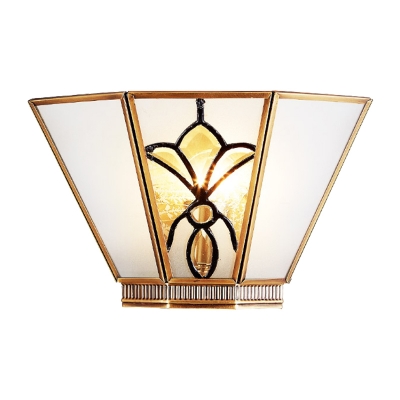 1 Head Gold Finish Sconce Light Colonial Style Trapezoid Opaline Glass Wall Light