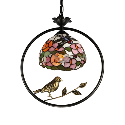 1 Light Domed Shaped Drop Pendant Mediterranean Pink/Yellow Cut Glass Down Lighting with Bird Deco