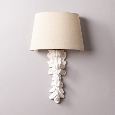 1 Light Fabric Wall Mount Lamp Countryside White Carved Living Room Sconce Light Fixture