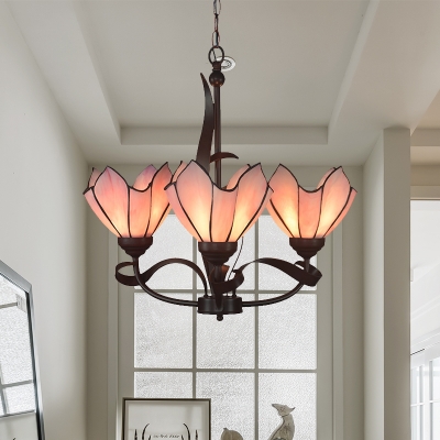 3/5 Lights Chandelier Light Fixture Tiffany-Style Bloom Pink/Purple Glass Suspension Pendant for Dining Room