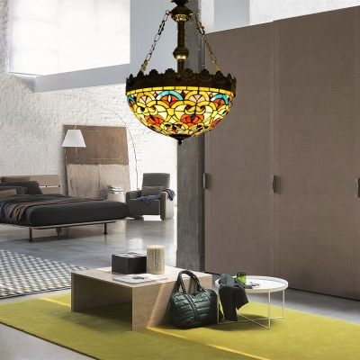 3 Lights Geometric Ceiling Chandelier Mediterranean Red/Beige/Orange Cut Glass Down Lighting for Bedroom