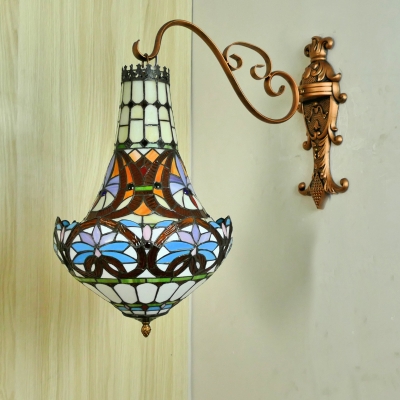 3 Lights Wall Lamp Mediterranean Beige/Yellow/Orange Stained Glass Sconce Light Fixture for Kitchen