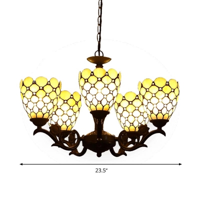 5 Lights Bedroom Chandelier Lighting Fixture Tiffany Black Hanging Lamp Kit with Beaded Beige Glass Shade