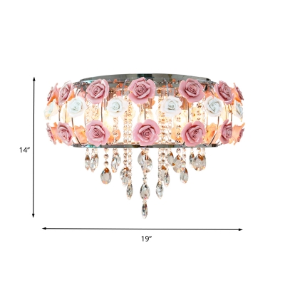 6/8 Heads Metal Flush Mount Pastoral Pink Drum Bedroom Close to Ceiling Lighting with Clear Crystal Drop