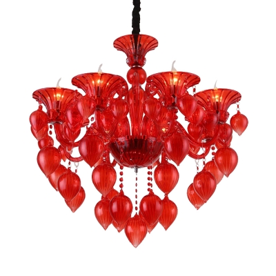 6 Heads Crystal Drop Hanging Light Kit Traditional Blue/Red/Purple Candelabra Living Room Chandelier Lamp