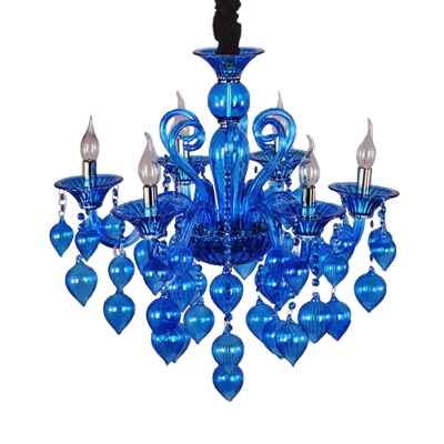 6 Heads Crystal Drop Hanging Light Kit Traditional Blue/Red/Purple Candelabra Living Room Chandelier Lamp