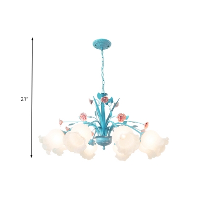 8 Bulbs Flower Pendant Light Traditional Blue Frosted Glass Chandelier Lamp for Bedroom