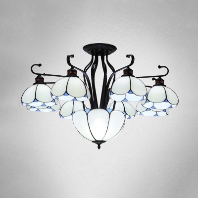 9 Heads Scalloped Ceiling Mounted Light Tiffany Blue/Yellow/Gray Seeded Glass Semi Flush Light