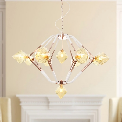 Amber Glass Pyramid Ceiling Chandelier Modernist 10 Heads Hanging Light Fixture in Rose Gold