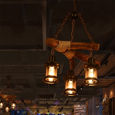 Black Chandelier Lodge Iron and Wood 3 Heads Ceiling Pendant Light with Rope for Cafe