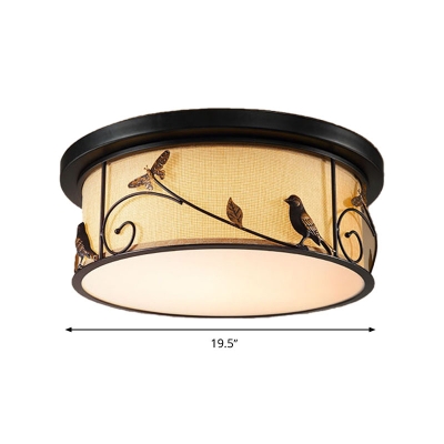Black LED Flush Mount Fixture Countryside Fabric Bird/Deer Ceiling Mounted Light for Living Room