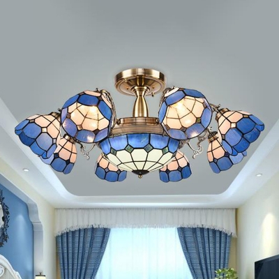 Blue Grid Patterned Ceiling Fixture Mediterranean 3/5/11 Lights Stained Glass Semi Flush Mount Lamp