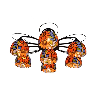 Bowl Semi Flush Mount Lighting Tiffany Multicoloured Stained Glass 3/7/9 Heads Orange/Green/Red Ceiling Fixture