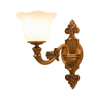 Brass 1/2-Bulb Wall Mount Lighting Traditional Style Frosted Glass Flared Shade Wall Sconce for Corridor