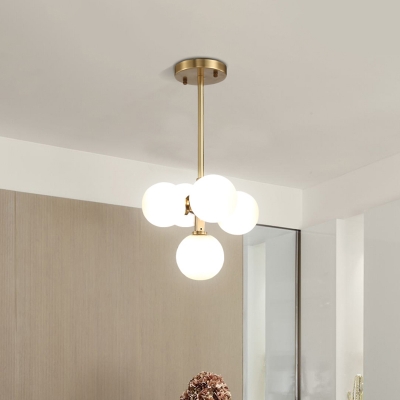 Brass Globe Hanging Chandelier Modernist 5 Bulbs Frosted White Glass Pendant Light Fixture