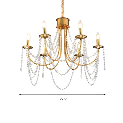 Candelabra Crystal Strand Ceiling Lamp Postmodern 6 Heads Living Room Chandelier Pendant Light in Gold