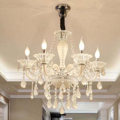 Candle Chandelier Light Fixture Modern Beveled Glass Crystal 6 Bulbs White Ceiling Pendant Light for Living Room