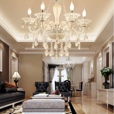 Candle Chandelier Light Fixture Modern Beveled Glass Crystal 6 Bulbs White Ceiling Pendant Light for Living Room