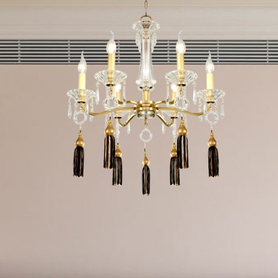 Candle Empire Chandelier Contemporary Crystal 6 Lights Gold Hanging Ceiling Light for Living Room with Tassel Deco