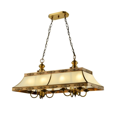 Colonial Trapezoid Hanging Pendant 8 Heads Opal Blown Glass Island Lighting Fixture in Gold for Restaurant