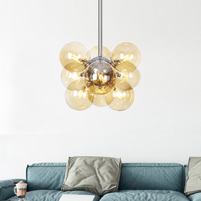 Contemporary Spherical Chandelier Light Amber Glass 9 Bulbs Living Room Pendant Lighting Fixture
