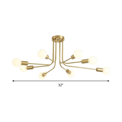 Curved Arm Semi Flush Light Modernist Metal 7 Bulbs Brass Close to Ceiling Lighting