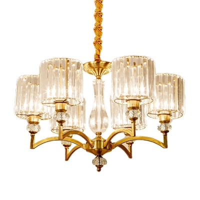 Cylindrical Ceiling Chandelier Modernism Crystal 3/6/8 Bulbs Brass Hanging Light Kit, 23.5