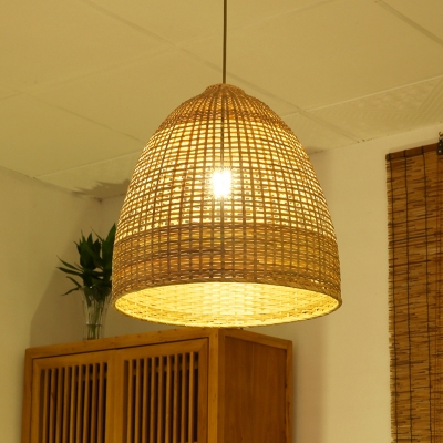 Domed Indoor Pendant Lighting Fixture Bamboo 1 Light Asia Hanging Lamp Kit in Beige