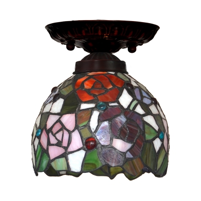 Domed Red/Pink/Orange Cut Glass Flush Light Fixture Mediterranean 1 Light Bronze Close to Ceiling Lamp