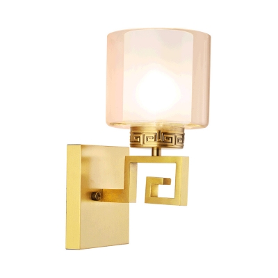 Drum Shade Corridor Wall Mounted Light Modern Style Clear and White Glass 1 Bulb Brass Finish Wall Light