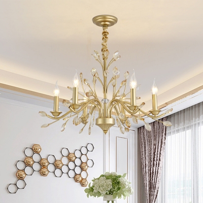Faceted Crystal Candle Hanging Chandelier Modern 5/6/8 Lights Brass Ceiling Lamp for Dining Room, 22