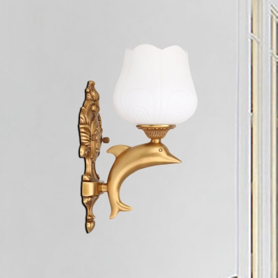 Floral Shade Indoor Wall Lighting Vintage Stylish Opal Glass and Metal 1 Head Gold Wall Lamp with Dolphin Deco