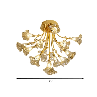 Flower Semi Flush Mount Modernist Crystal 16 Bulbs Gold Ceiling Light Fixture for Dining Room