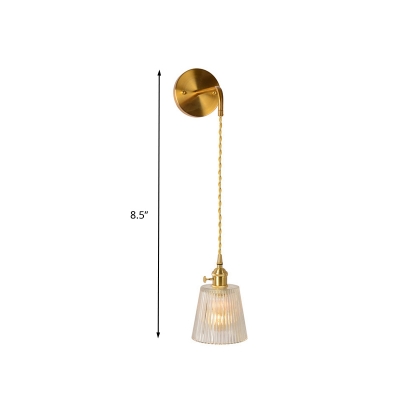 Gold 1 Head Wall Lamp Traditional Clear Prismatic Glass Barrel/Bell/Drum LED Wall Mount Light with Rounded Backplate