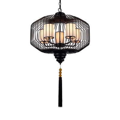 Lantern Dining Room Ceiling Pendant Traditional Metal 5 Heads Black Chandelier Light Fixture with White Fabric Shade