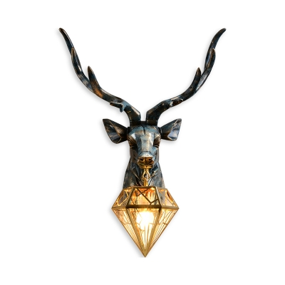 Loft Style Diamond Cage Wall Lamp 1 Head Resin Bronze Sconce Light Fixture with Elk Backplate, 14.5