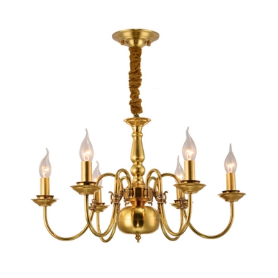 Metal Gold Chandelier Candle 6/8 Lights Colonialism Down Lighting Pendant for Study Room