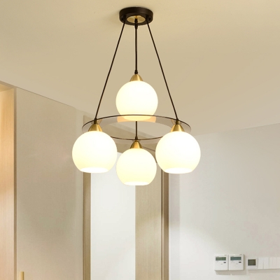 Modern 4 Heads Hanging Chandelier Black-Gold Orb Pendant Lighting Fixture with White Glass Shade