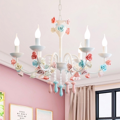 Modern Kids Candle Chandelier Light with Rose Decoration Metal Hanging Pendant Light for Girls
