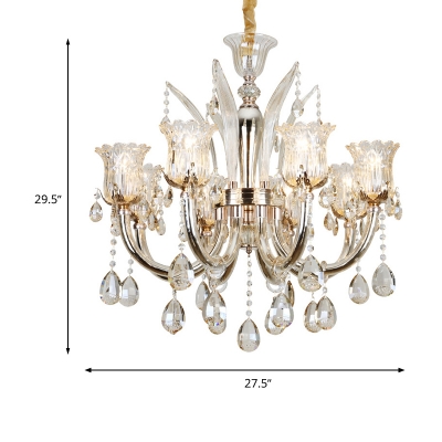 Modernist Flower Ceiling Chandelier Faceted Crystal 6/8 Bulbs Living Room Pendant Lamp in Amber