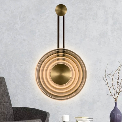 Pendulum Wall Lamp with Round Cognac Glass Shade Led Art Deco Wall Light Fixture