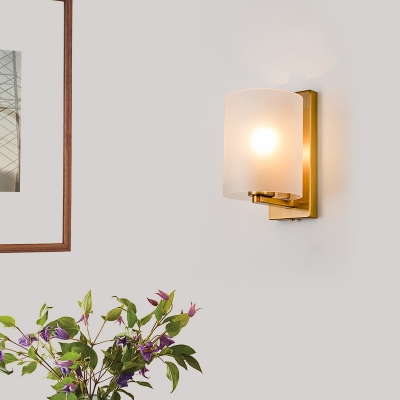 Post-Modern 1 Bulb Wall Light Sconce Brass Finish Cylindric Wall Lamp with Clear/Textured White Glass Shade
